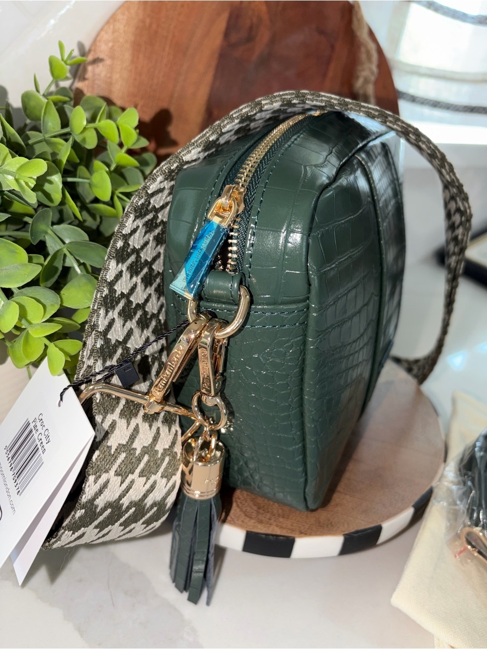 Pom Pom London Pine green croc City crossbody bag purse houndstooth strap NWT - Picture 2 of 6
